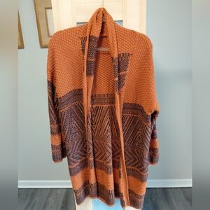 Lucky Brand Rust And Black Southwestern Style Long Open Front Cardigan Sweater